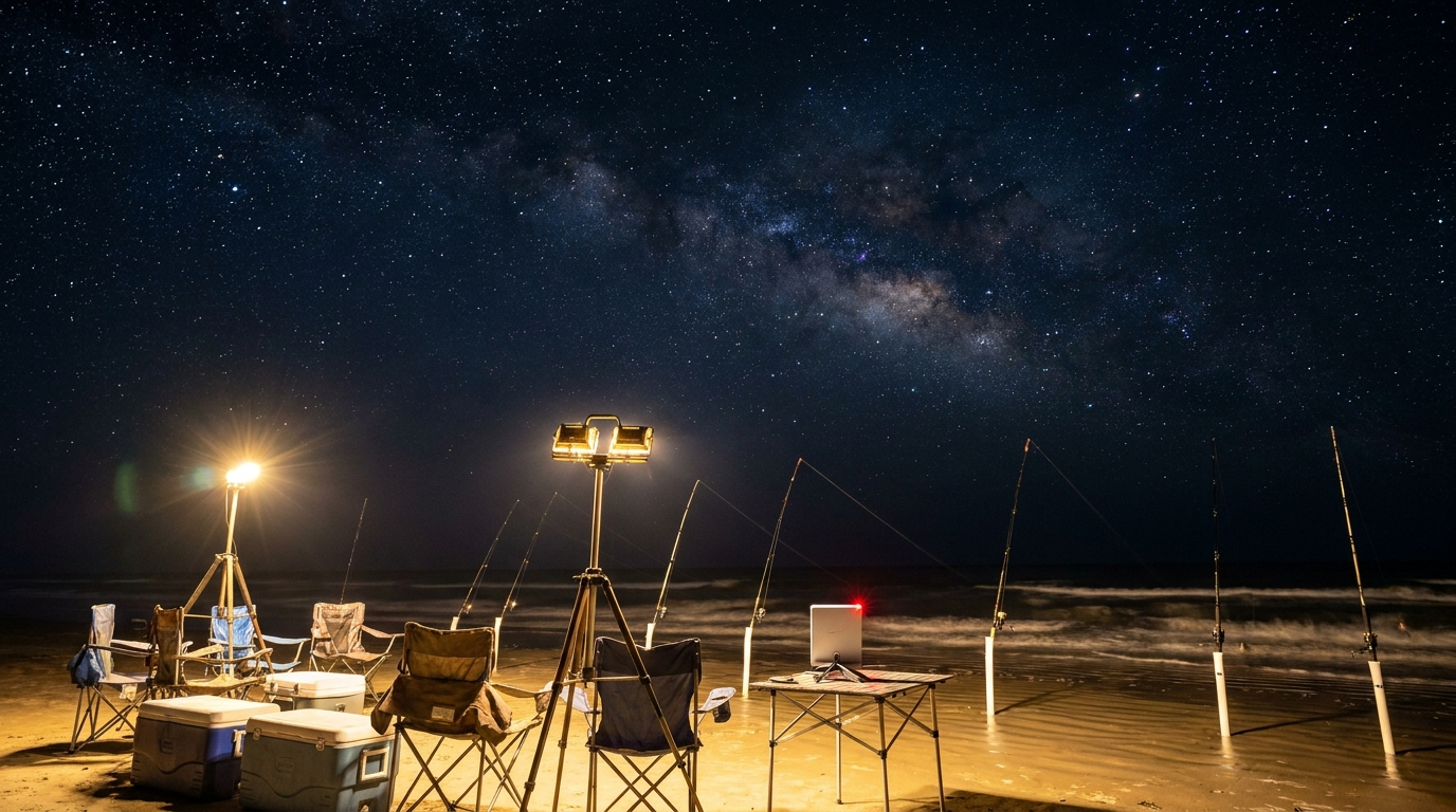 A night beach camp glowing with professional lights under the stars